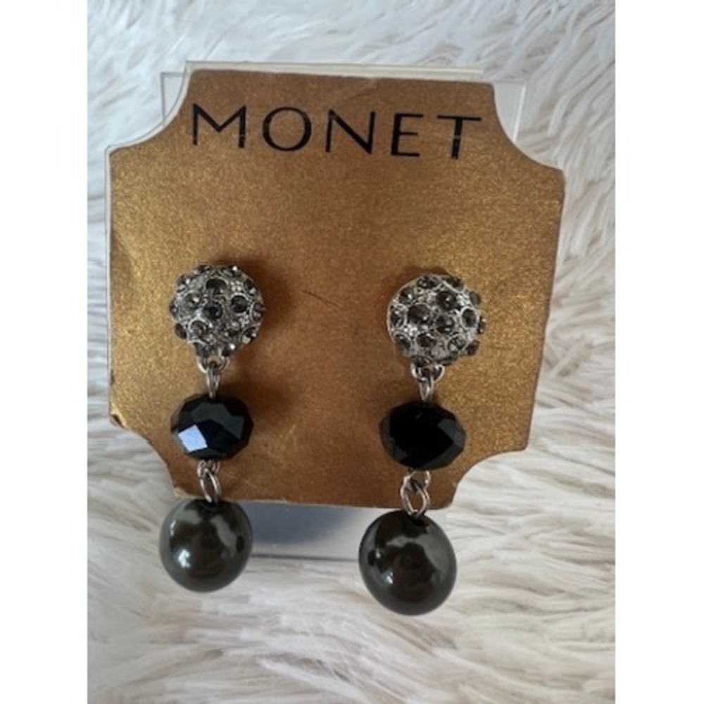 Monet Drop Earrings Black Silver Rhinestone Dangle Crystal Pearl Art Deco Glam‎